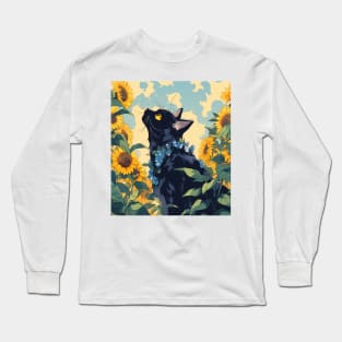 dreamy cat with sunflowers Long Sleeve T-Shirt